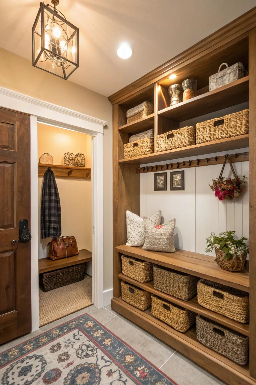 Open shelving adds both style and functionality to any entryway.