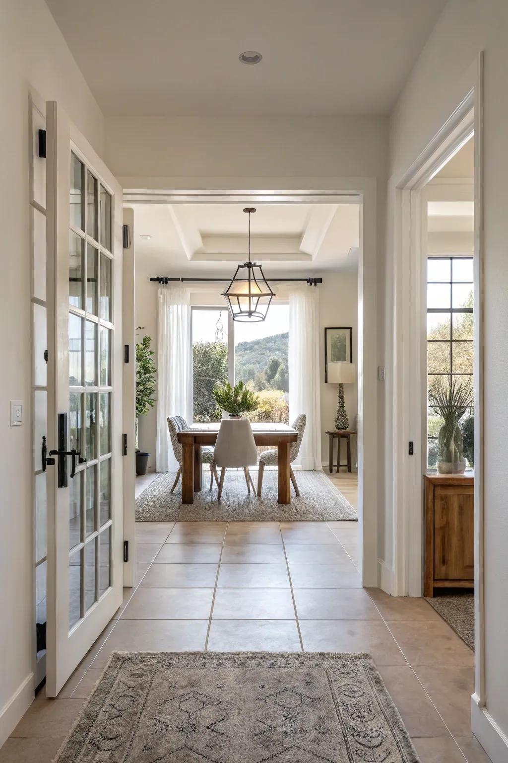 An open layout ensures a seamless transition between entryway and dining room.