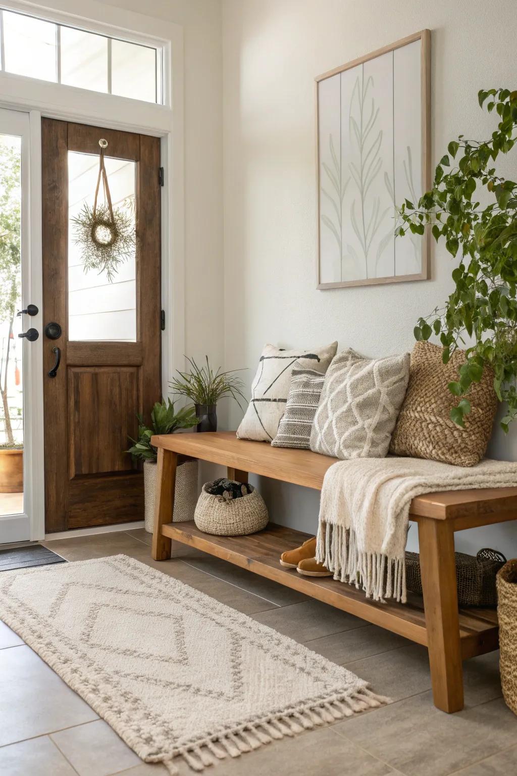 A chic bench offers comfort and style in your entryway.