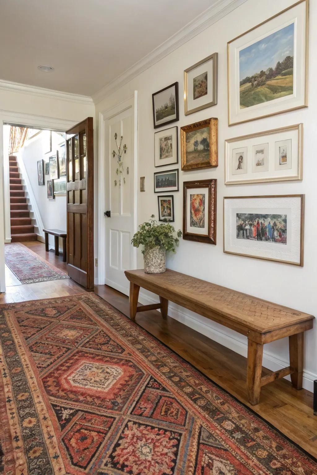 A vintage Persian rug adds elegance and history to your entryway.