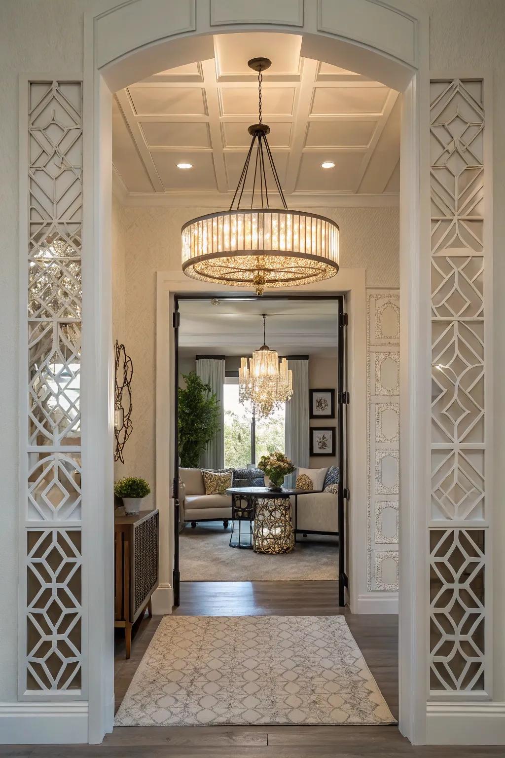 A small chandelier in a cozy entryway with eye-catching geometric patterns.