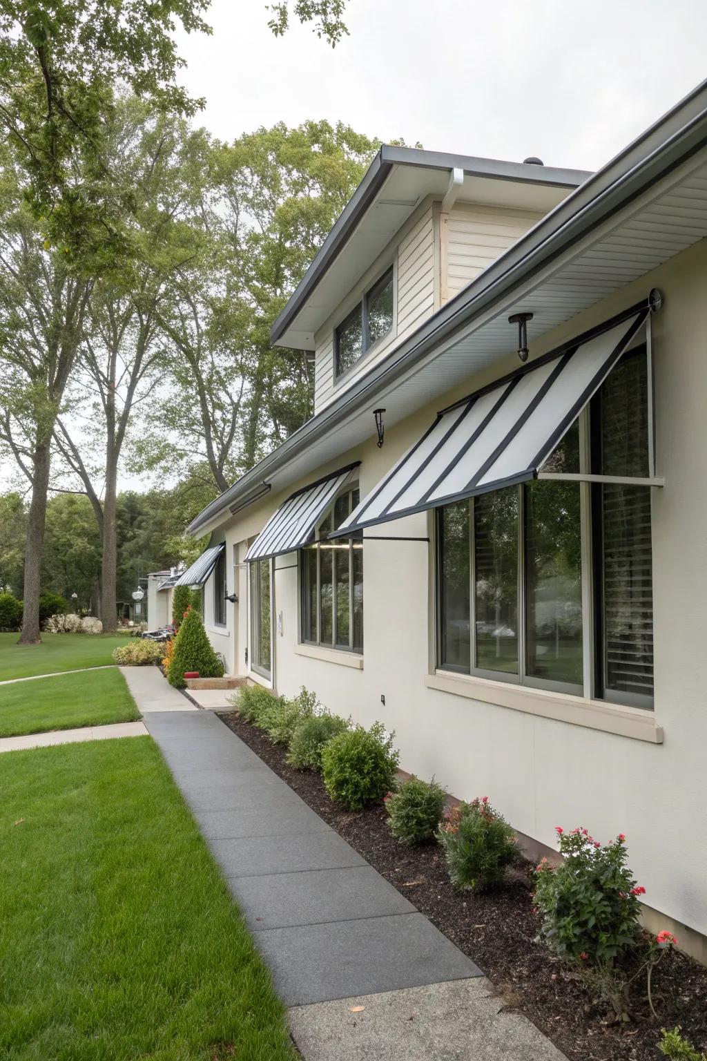 Sleek aluminum awnings complementing a modern home's design.