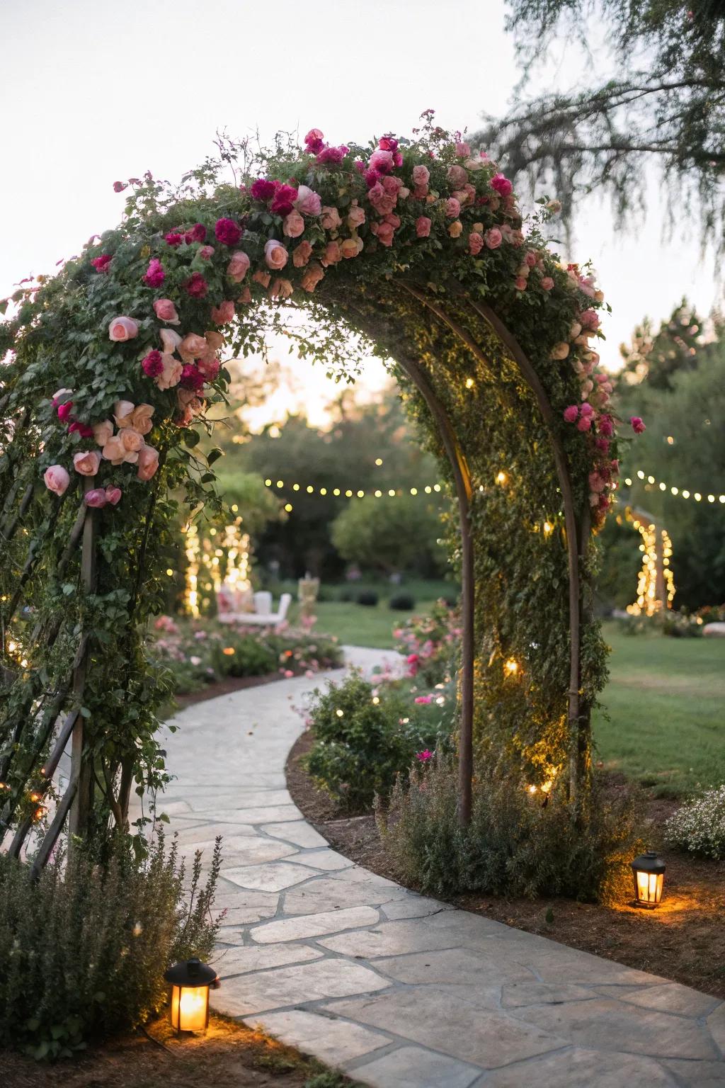 A beautiful floral archway welcomes guests into the fairy garden.