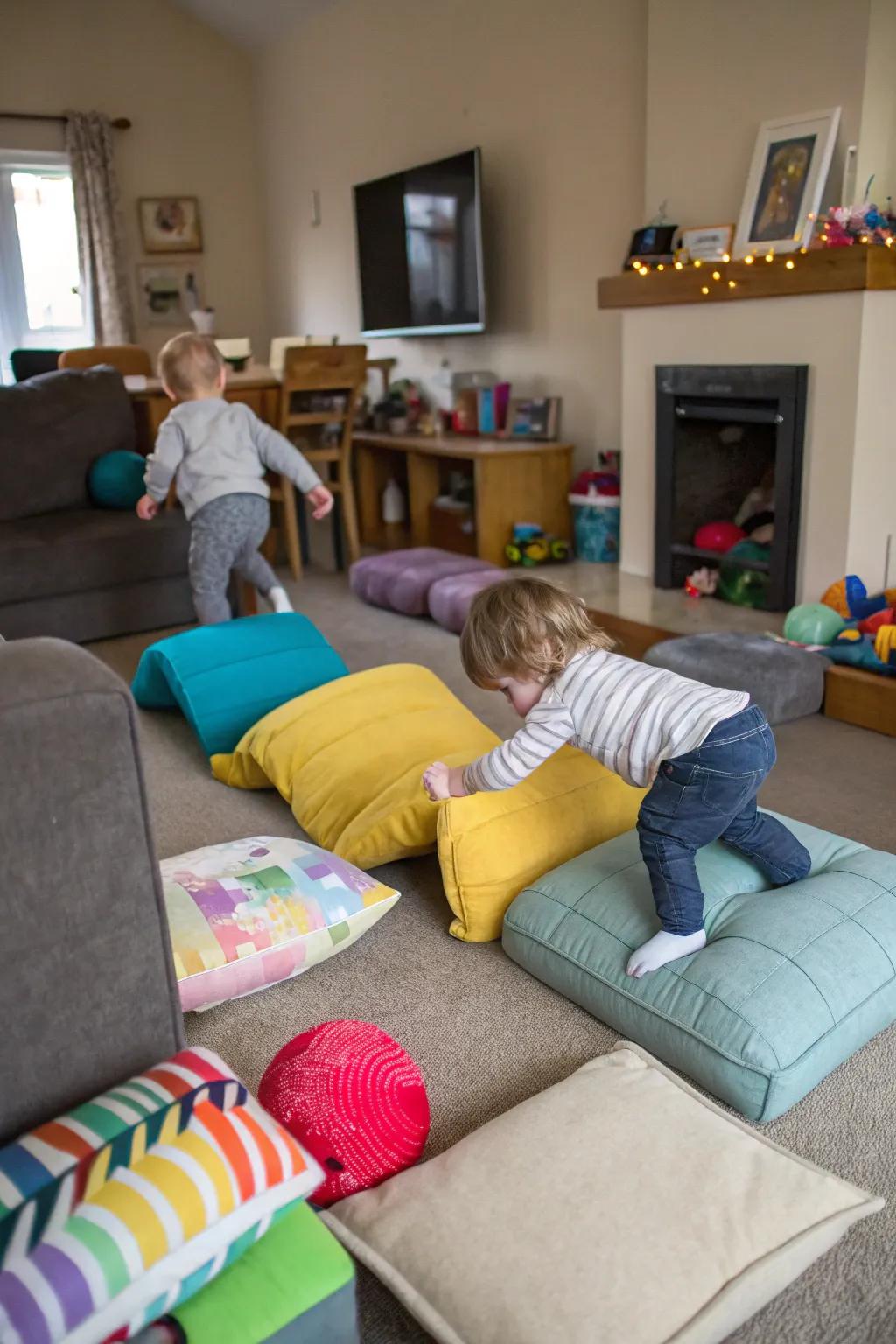 A thrilling homemade obstacle course that turns a simple living area into a toddler's adventure playground.