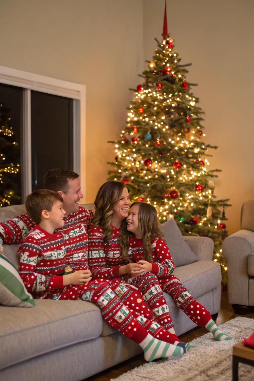 Create a cozy scene with matching pajamas for a fun and festive family photo.