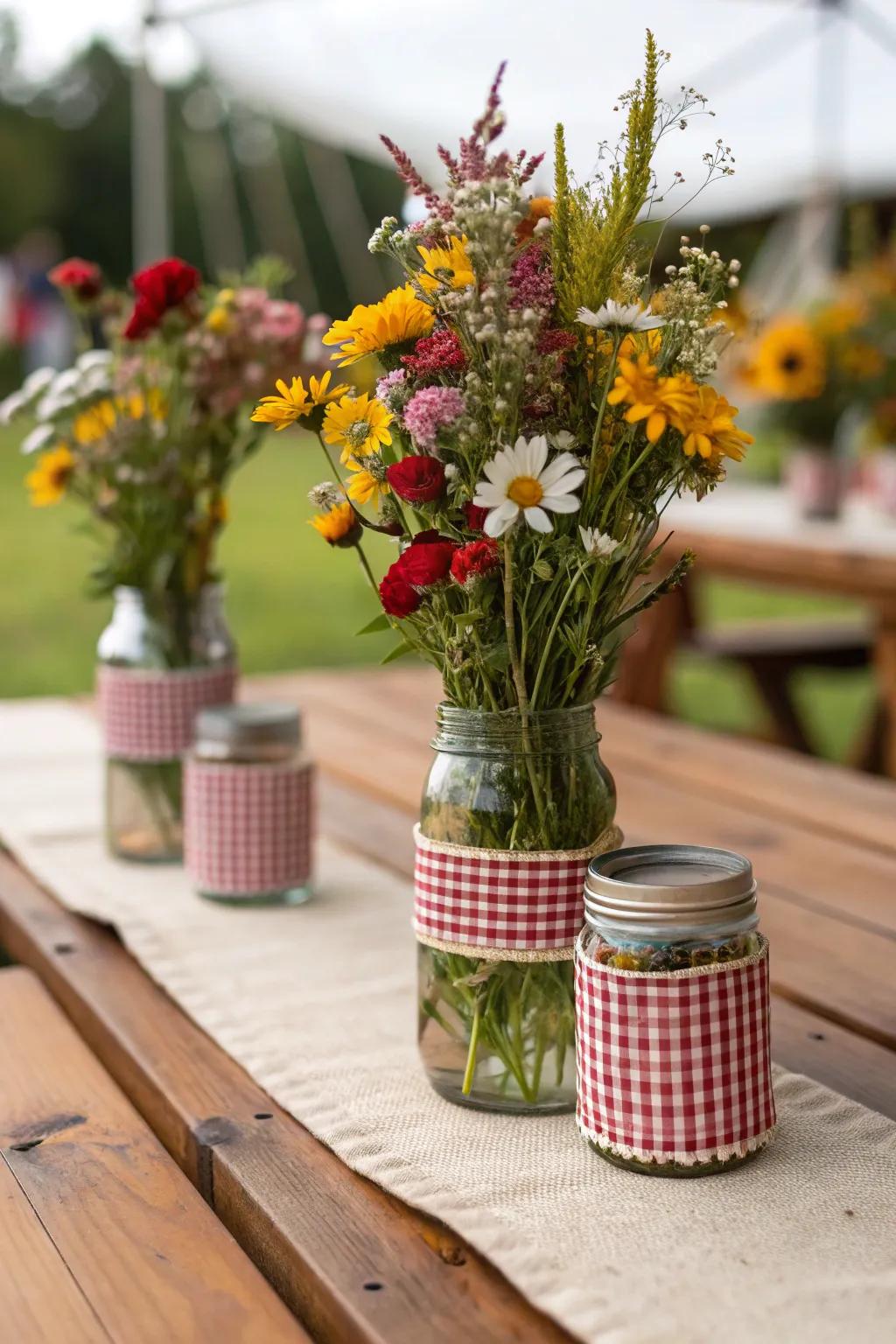 Mason jars wrapped in gingham fabric bring a rustic touch with wildflowers.