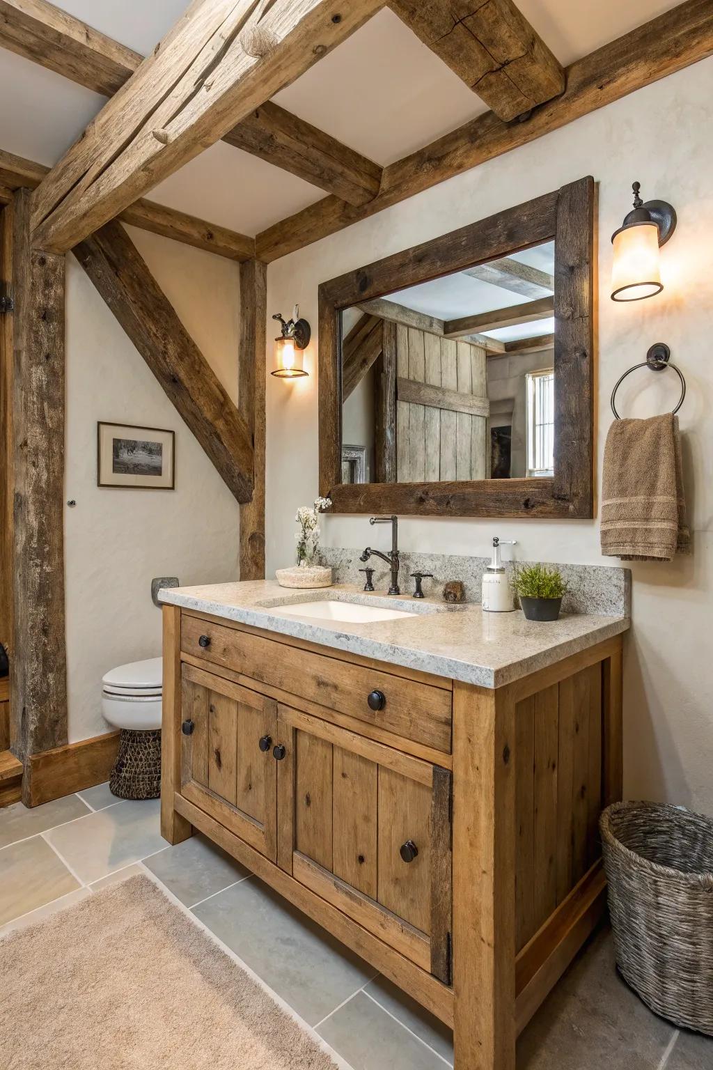 Natural materials like wood and stone create a warm and inviting farmhouse atmosphere.