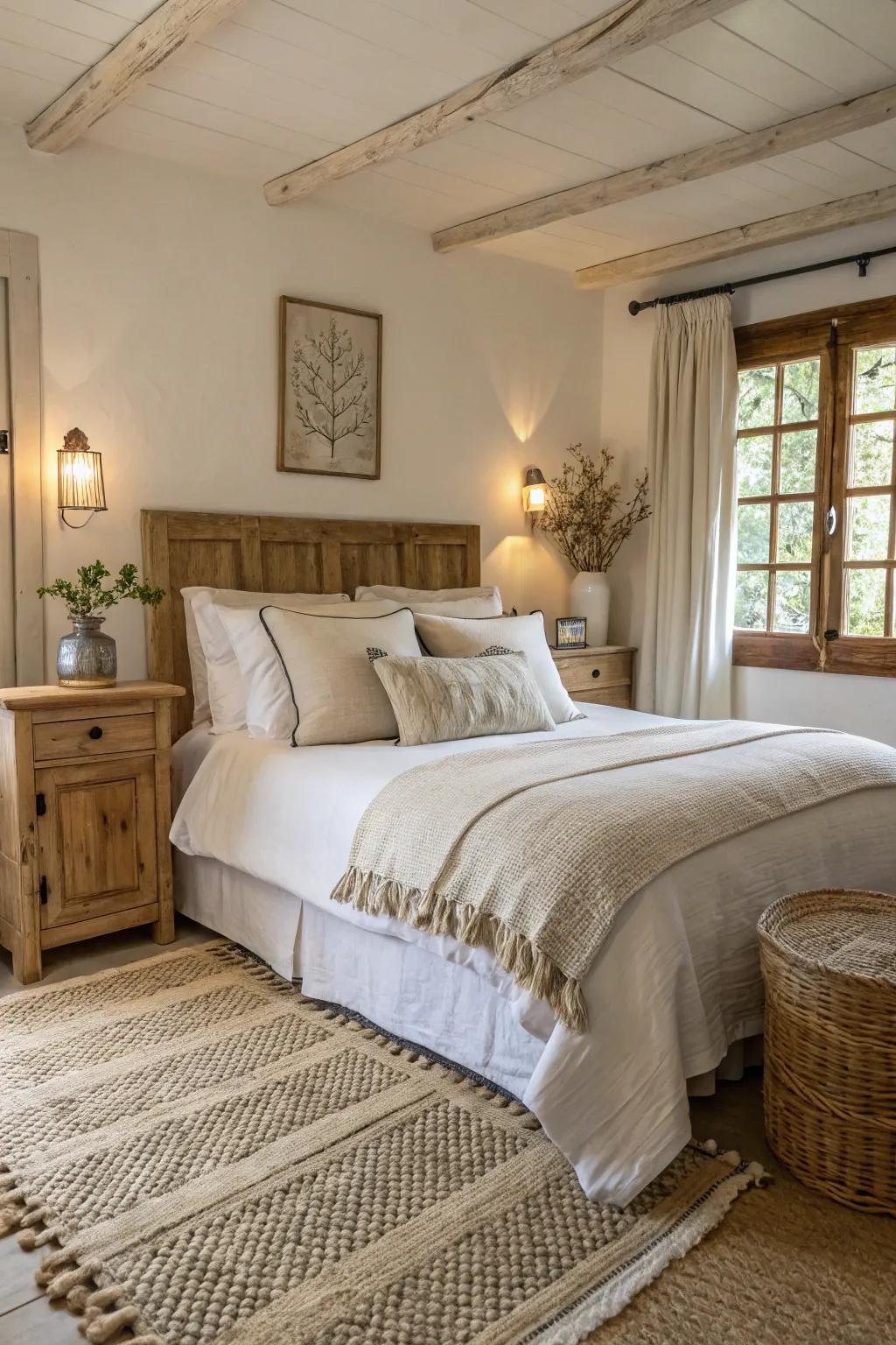 Neutral tones create a serene and calming farmhouse bedroom.