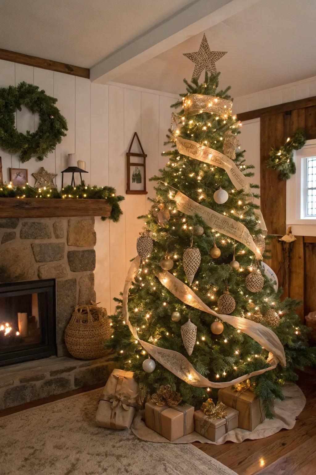 A farmhouse Christmas tree adorned with burlap ribbons and rustic ornaments.