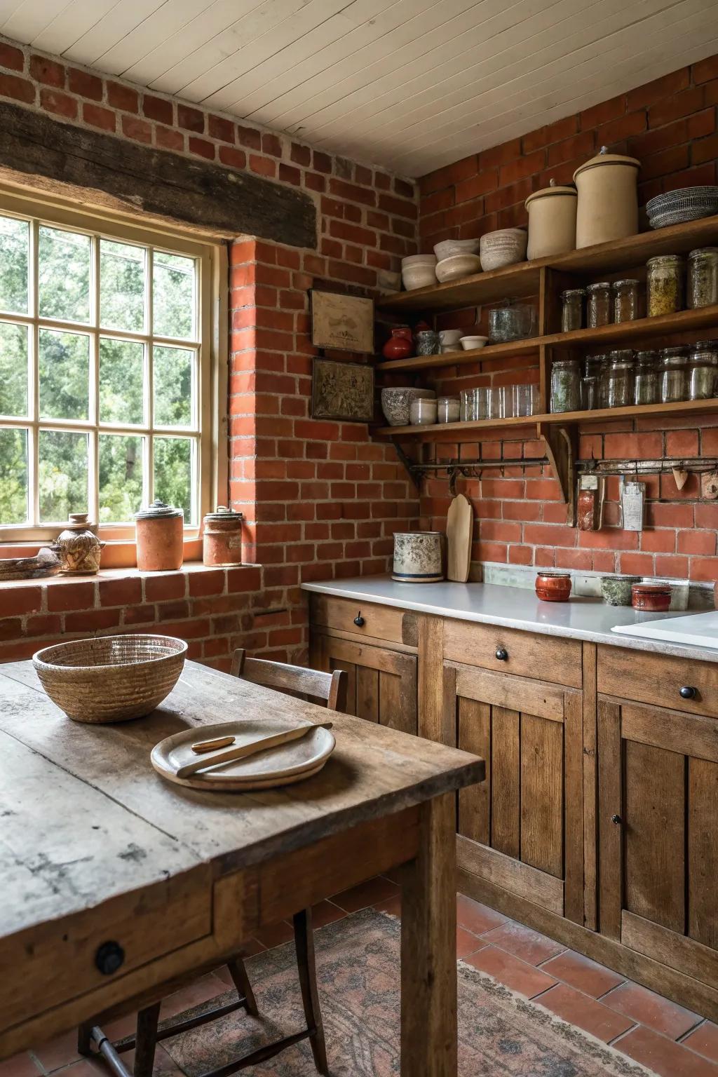 A farmhouse kitchen featuring a classic red brick backsplash.