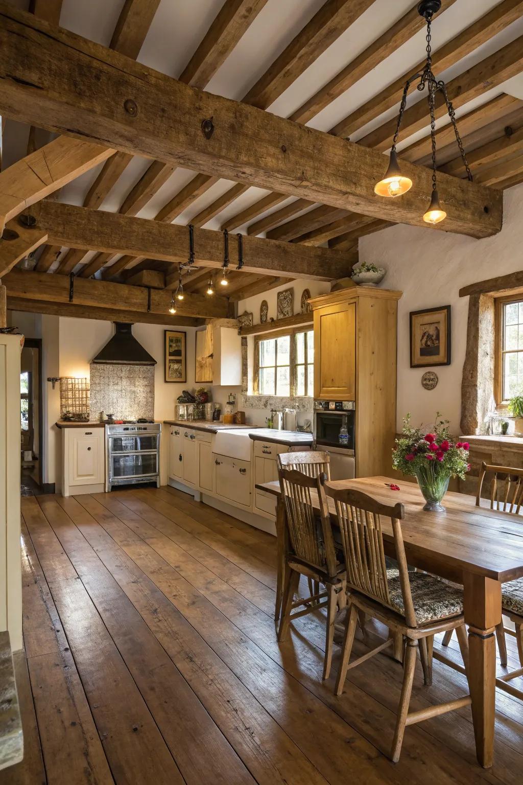 A farmhouse kitchen featuring exposed wooden beams and a rich wooden floor.