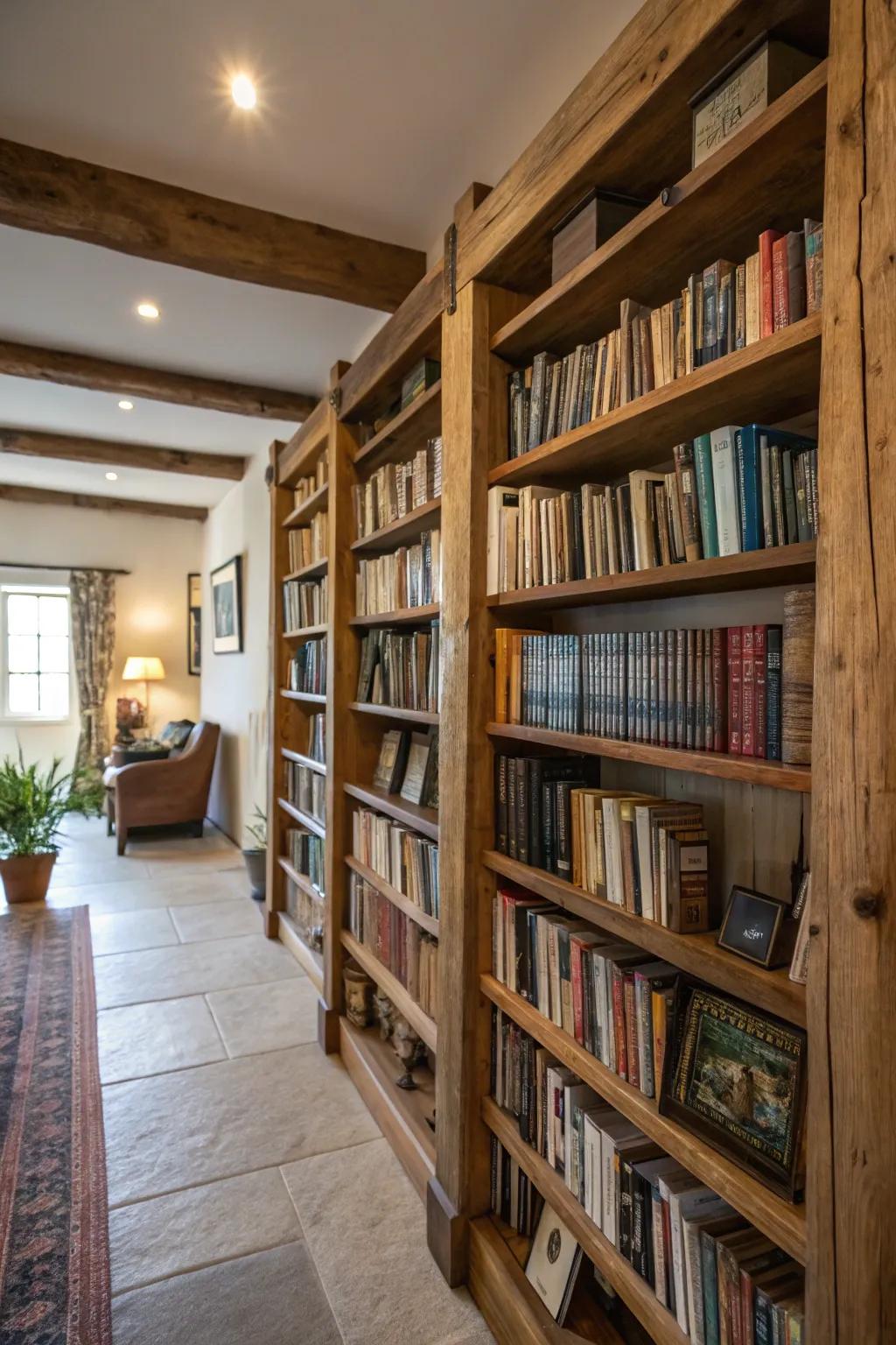 Floor-to-ceiling wooden shelves add a rustic charm to any farmhouse library.