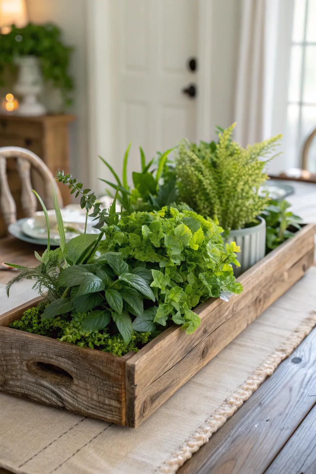 A rustic wooden tray brimming with vibrant greenery makes for a welcoming centerpiece.