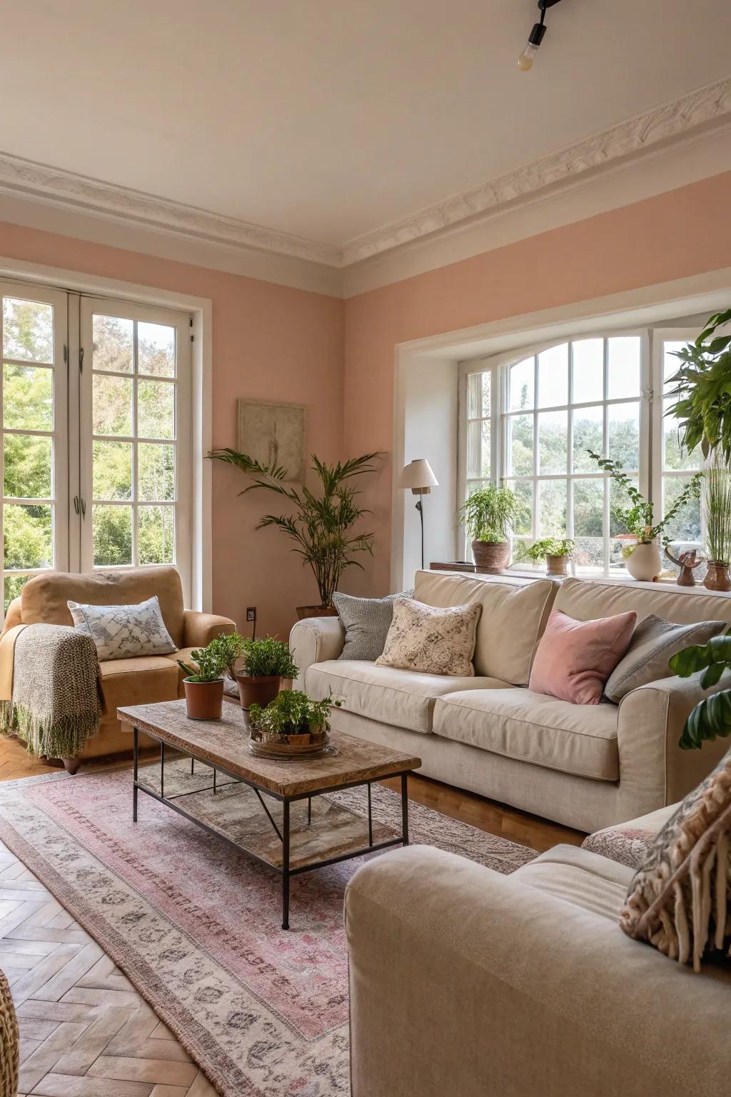 A soothing living room showcasing soft pastel walls and plush furnishings.