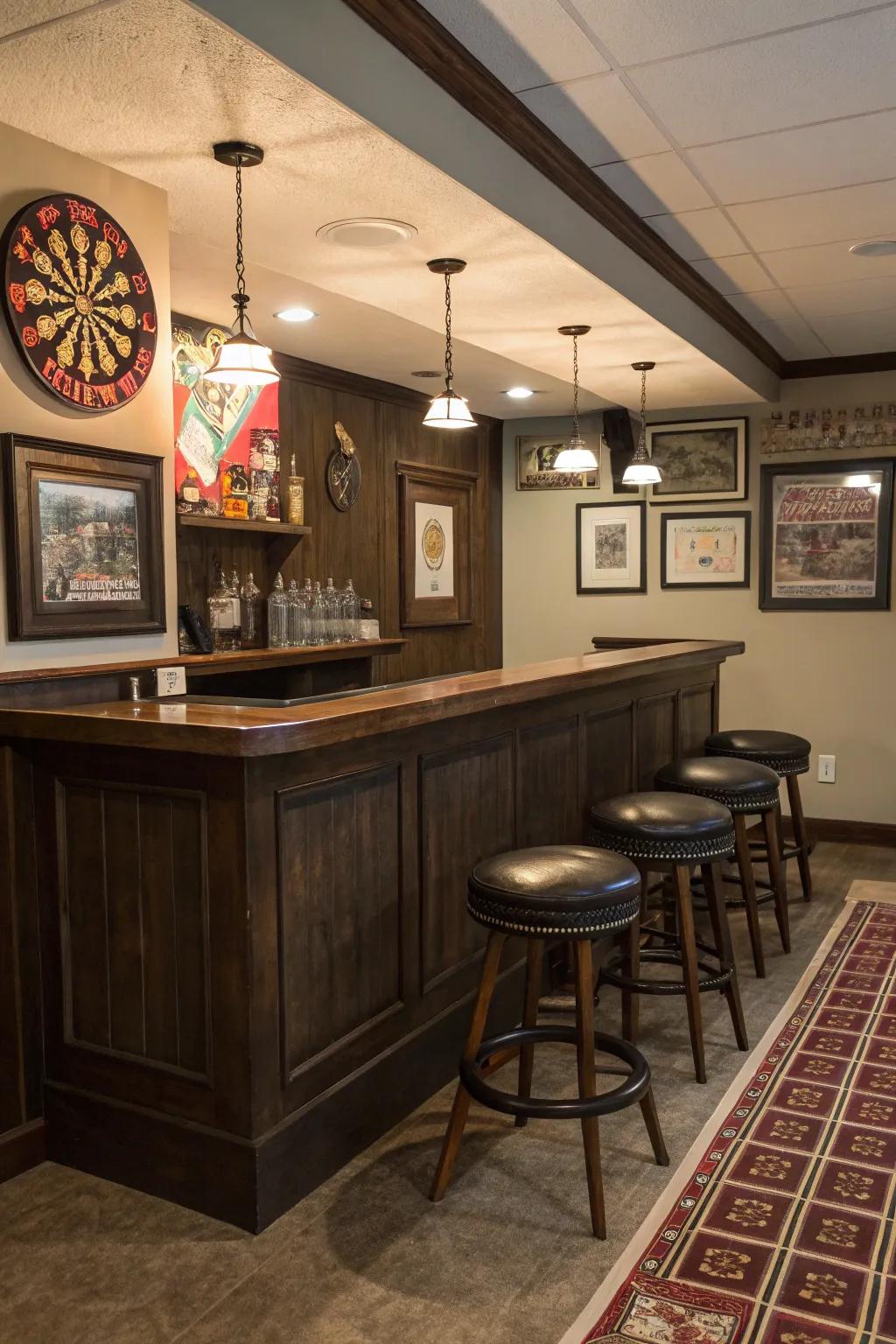 Embrace the timeless charm of a classic pub in your basement.