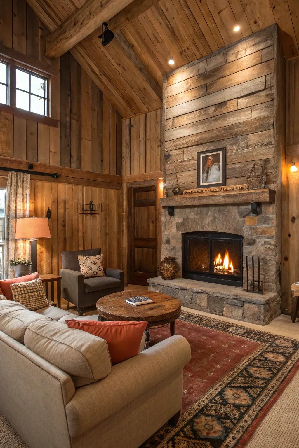 A rustic living room featuring a fireplace with reclaimed wood paneling for a cozy atmosphere.