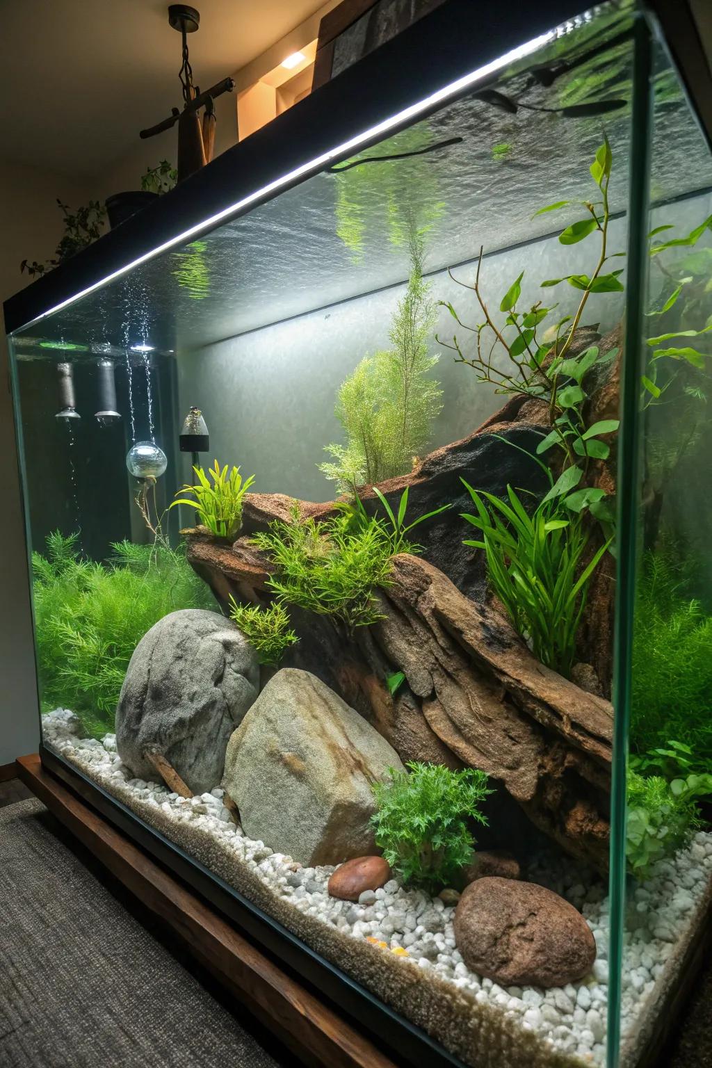 An aquascape with lush greenery and natural elements