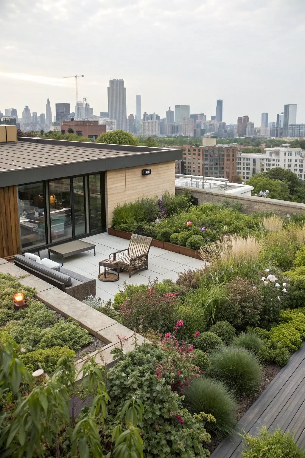 A rooftop garden on a flat roof garage creates a tranquil retreat right at home.