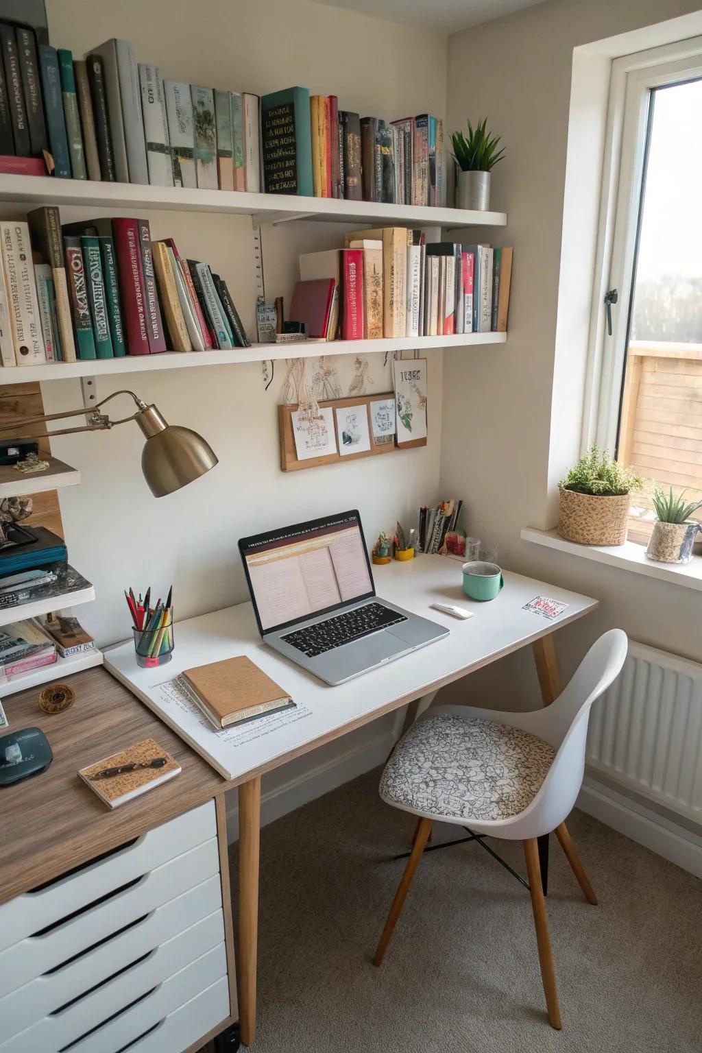 Floating shelves help maximize vertical space in a small home office.