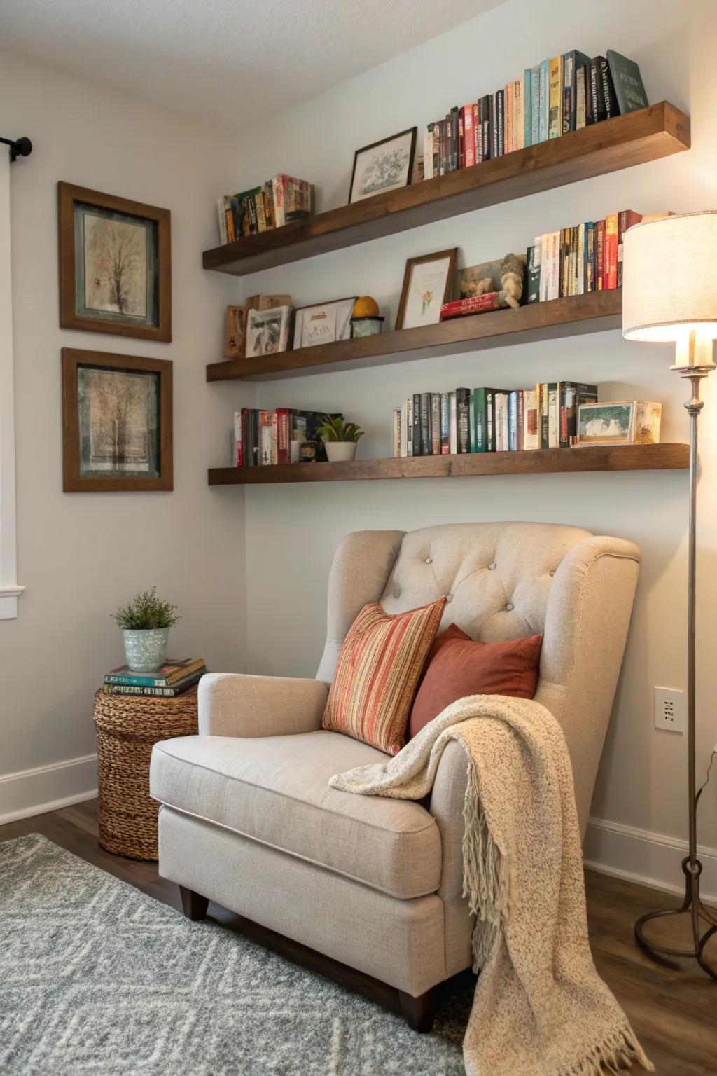 A reading nook enhanced by floating shelves