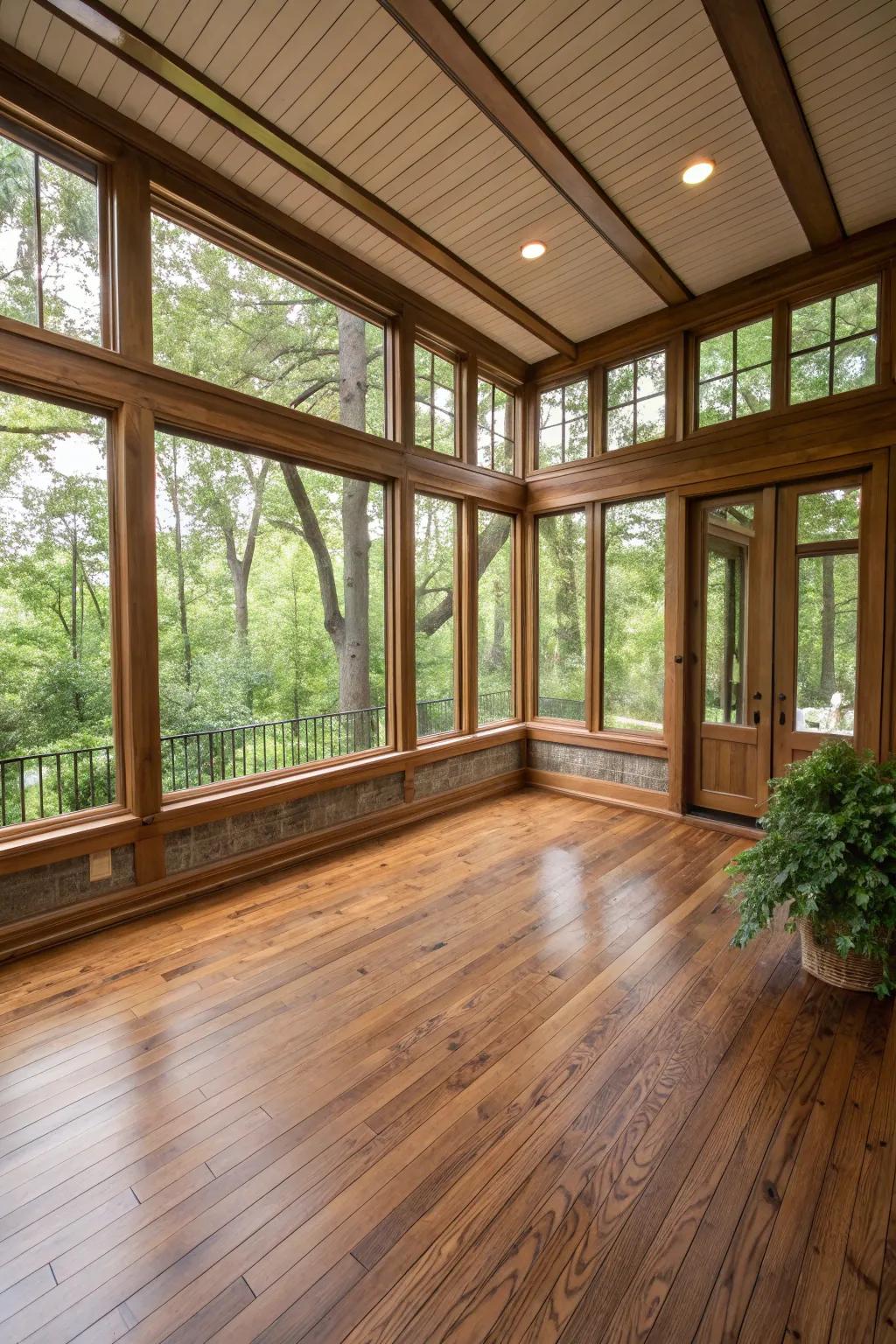 Hardwood flooring adds timeless elegance to this three-season room.
