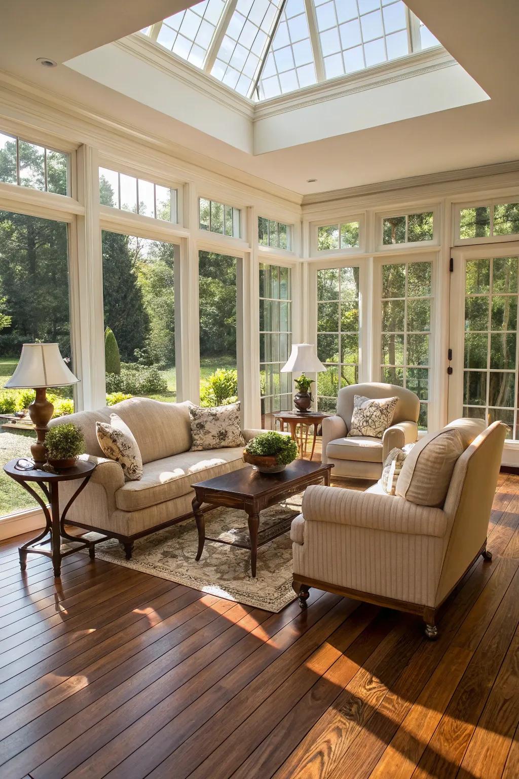 Sunroom with classic hardwood flooring and garden views.