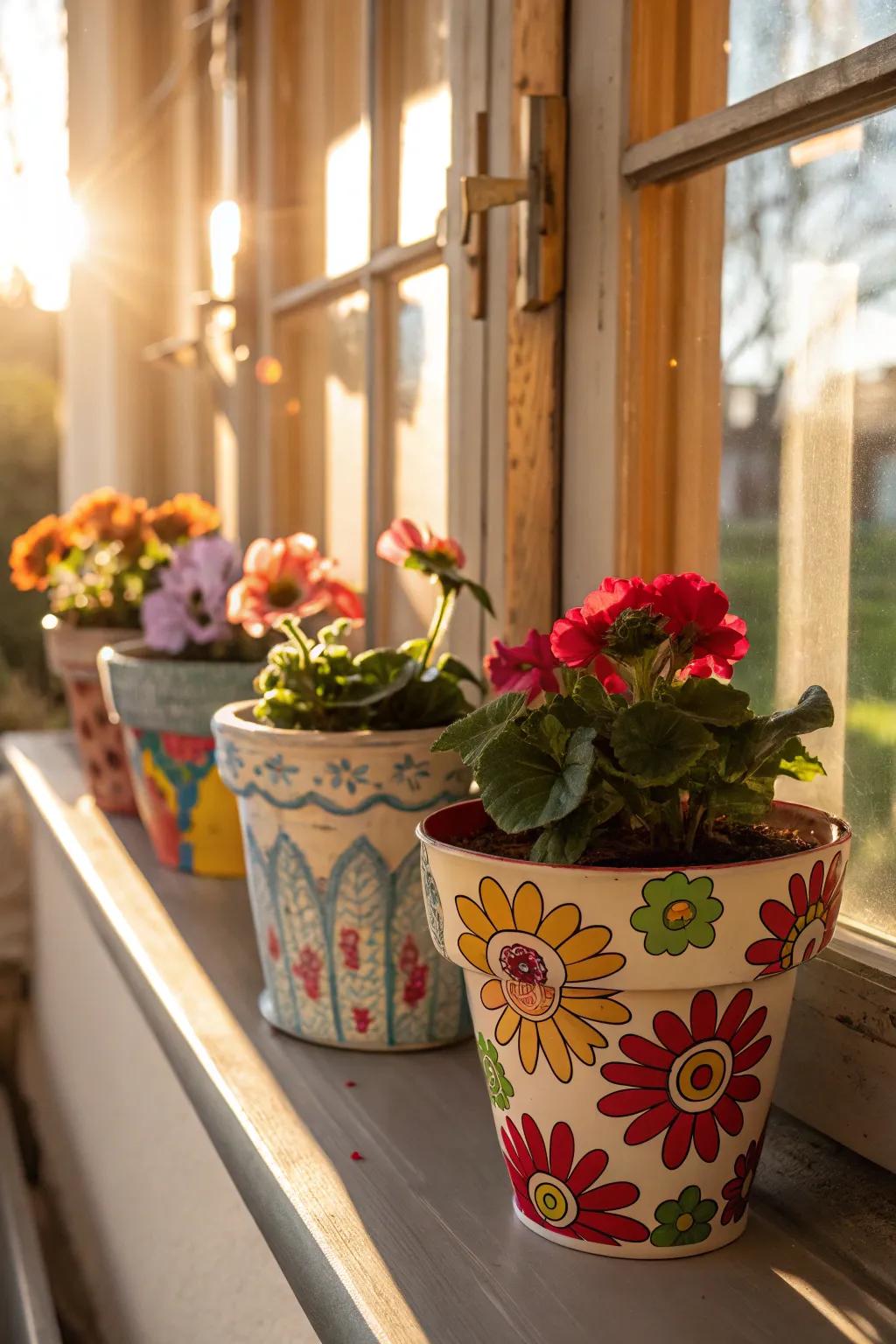 Express your creativity with vibrant hand-painted designs on flower pots.