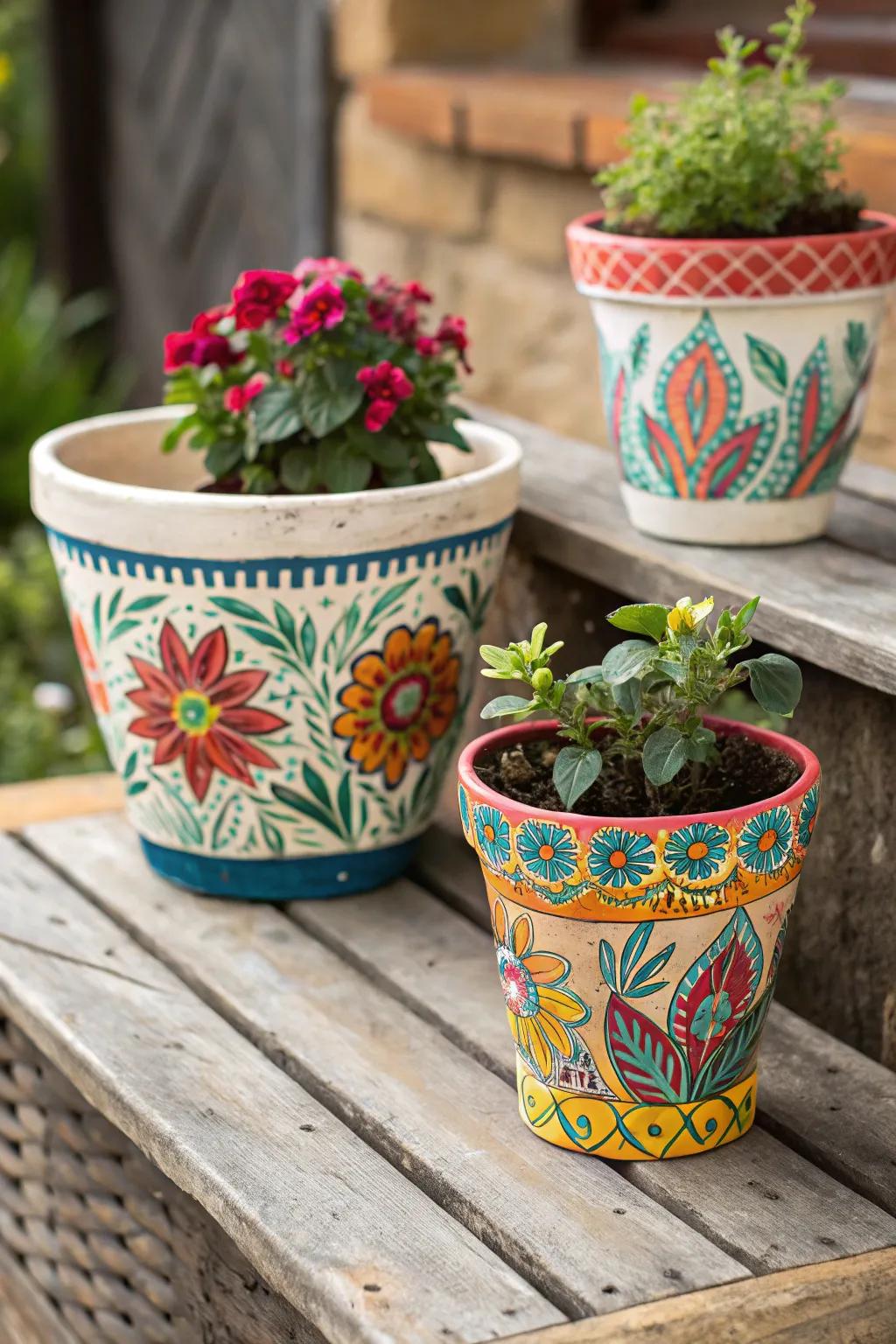 Hand-painted flower pots adding a splash of color to any setting.