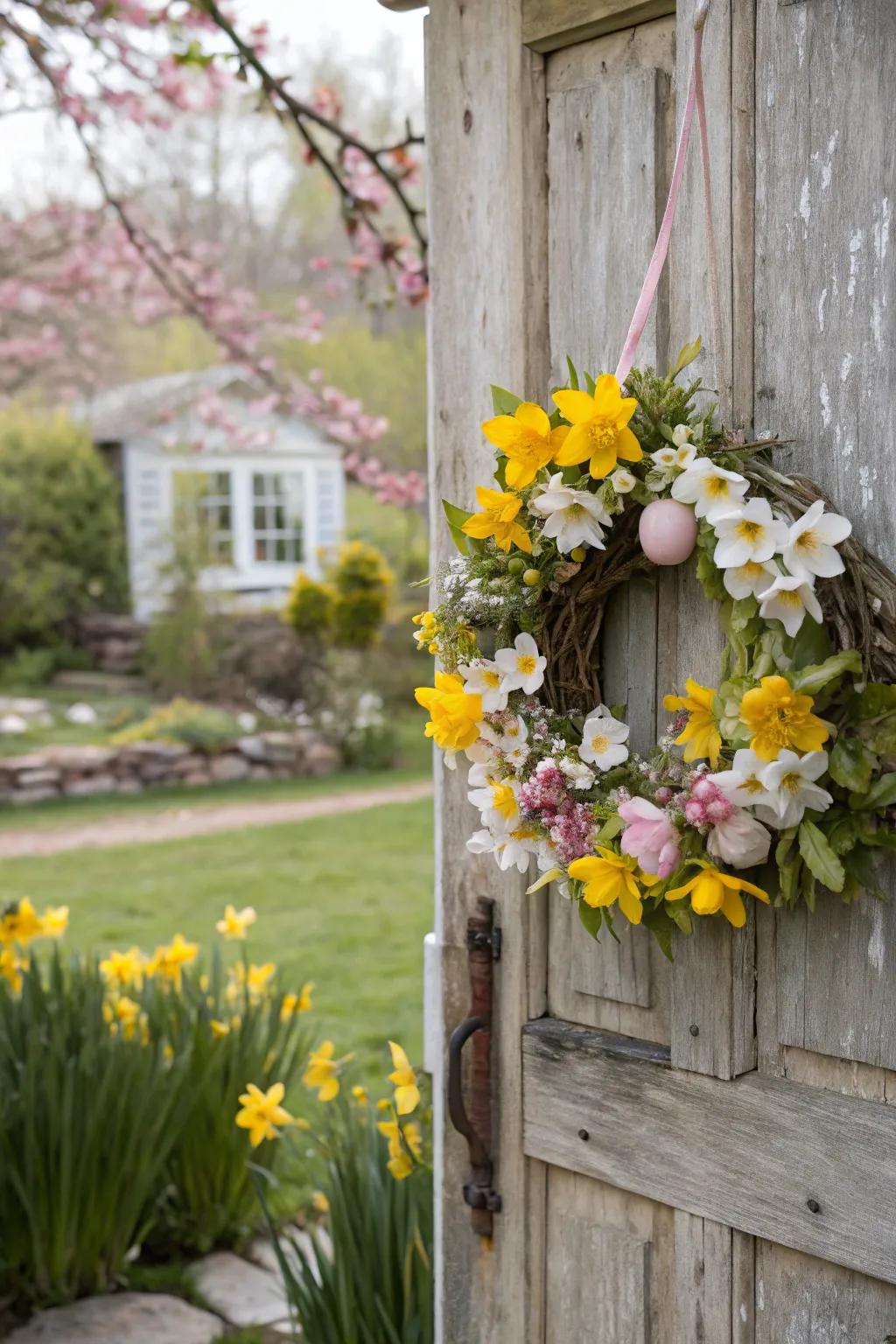 Spring's first bloom wreath brings warmth to your entrance.