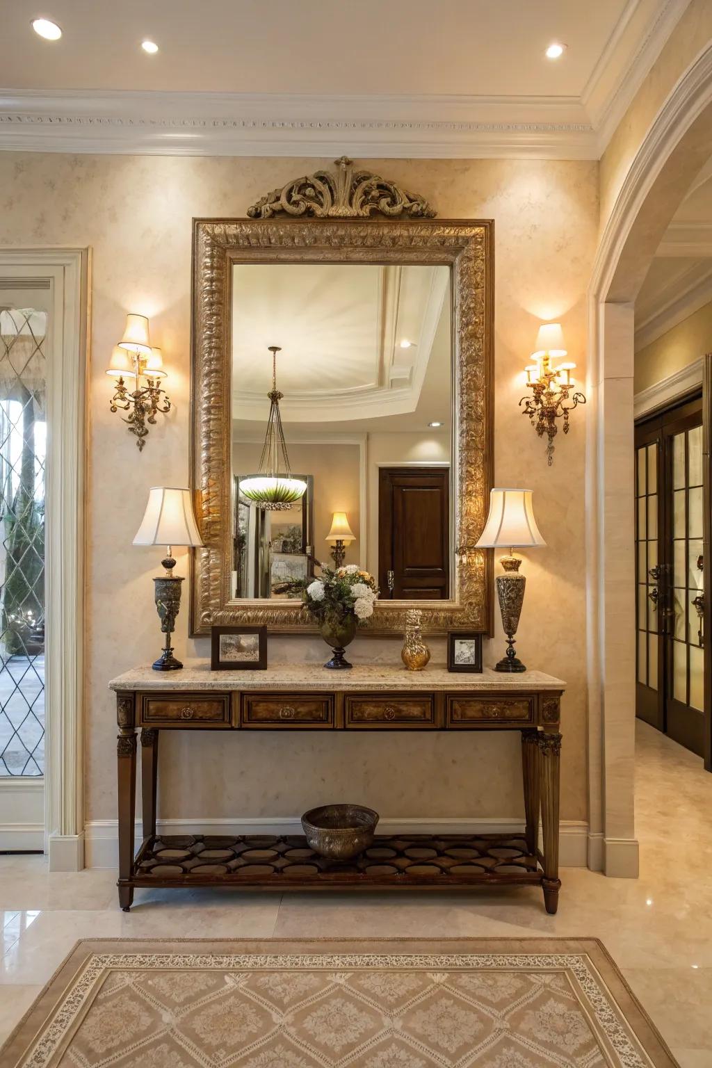 A large mirror can transform a foyer, making it feel more spacious and elegant.