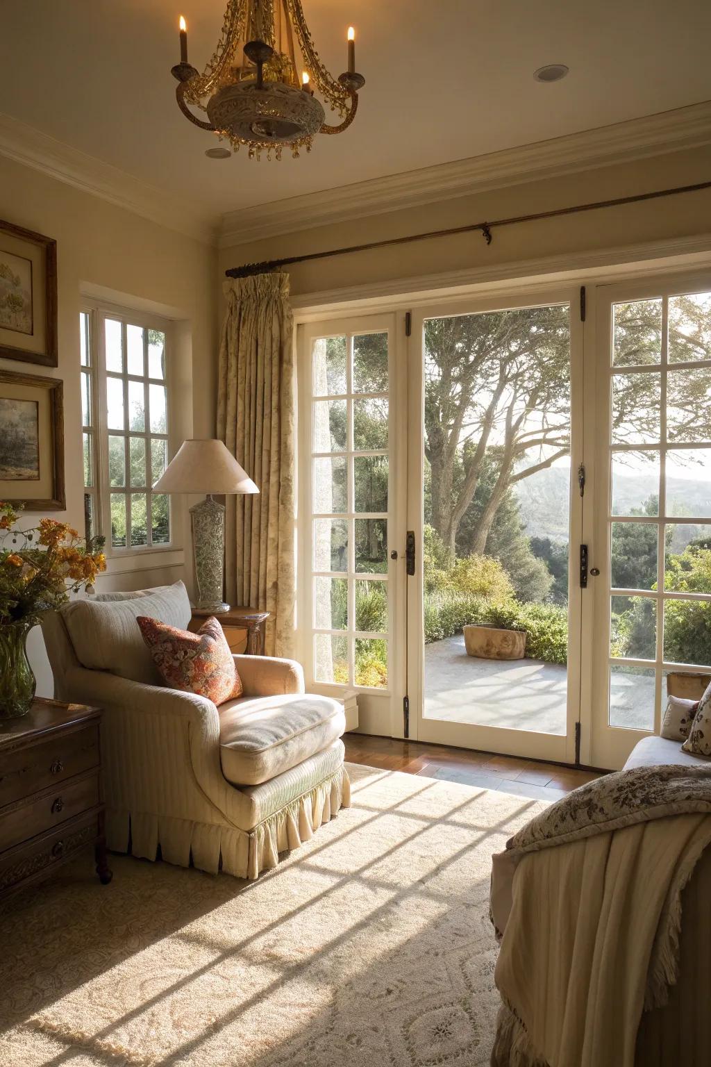 Natural light streaming through French doors brightens any room.