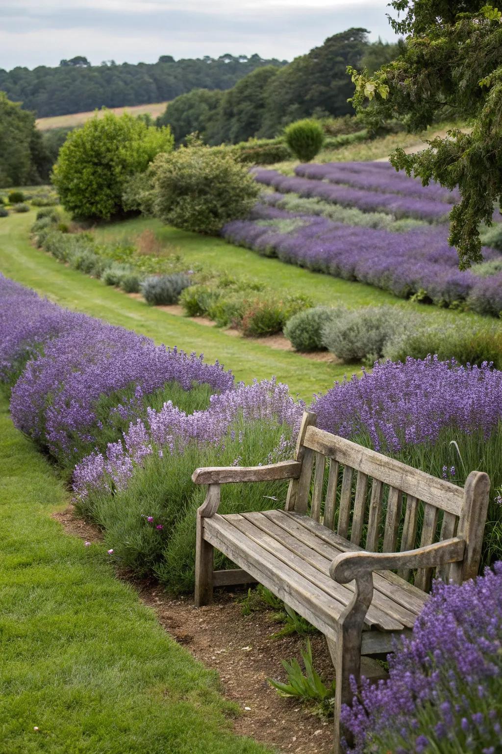 A charming corner with rows of lavender, perfect for a peaceful retreat.