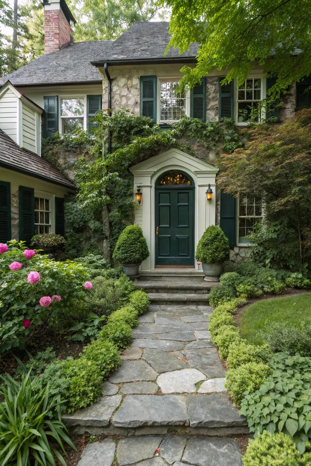 A dark green door blends seamlessly with natural surroundings.