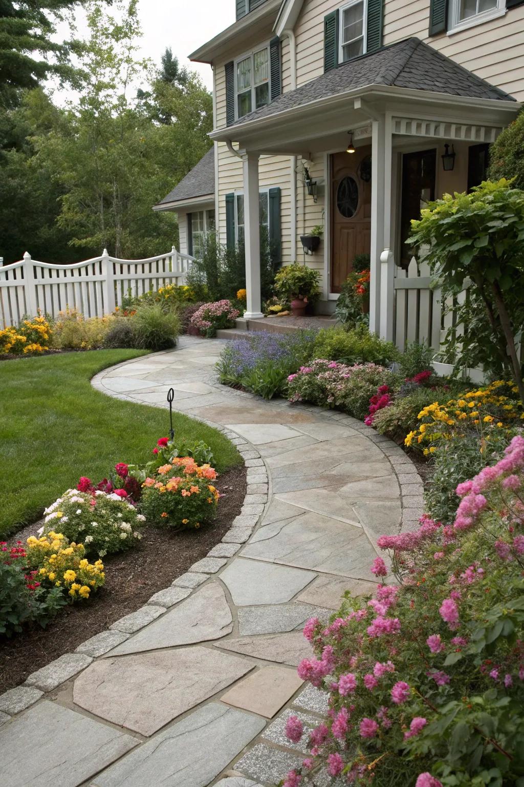 A charming curved pathway leading to a home entrance