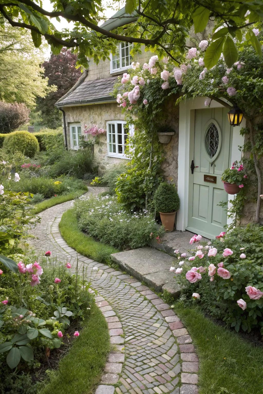 Cobblestone paths create a welcoming journey to your front door.