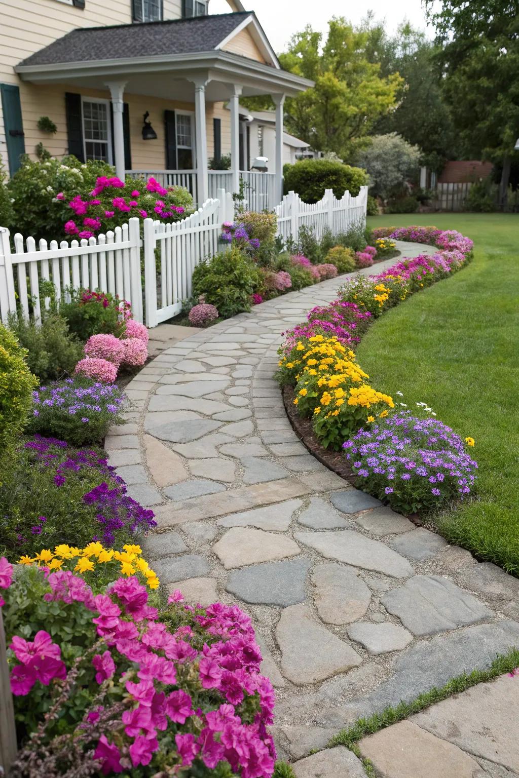 Stone pathways can beautifully divide and define your flower beds.