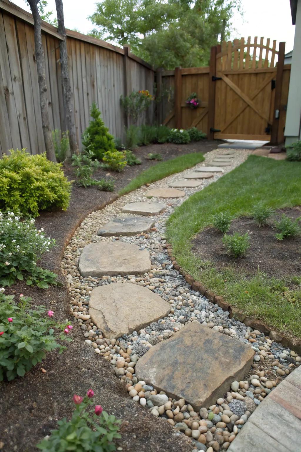 A rock pathway with stepping stones, elegantly guiding through a front yard.