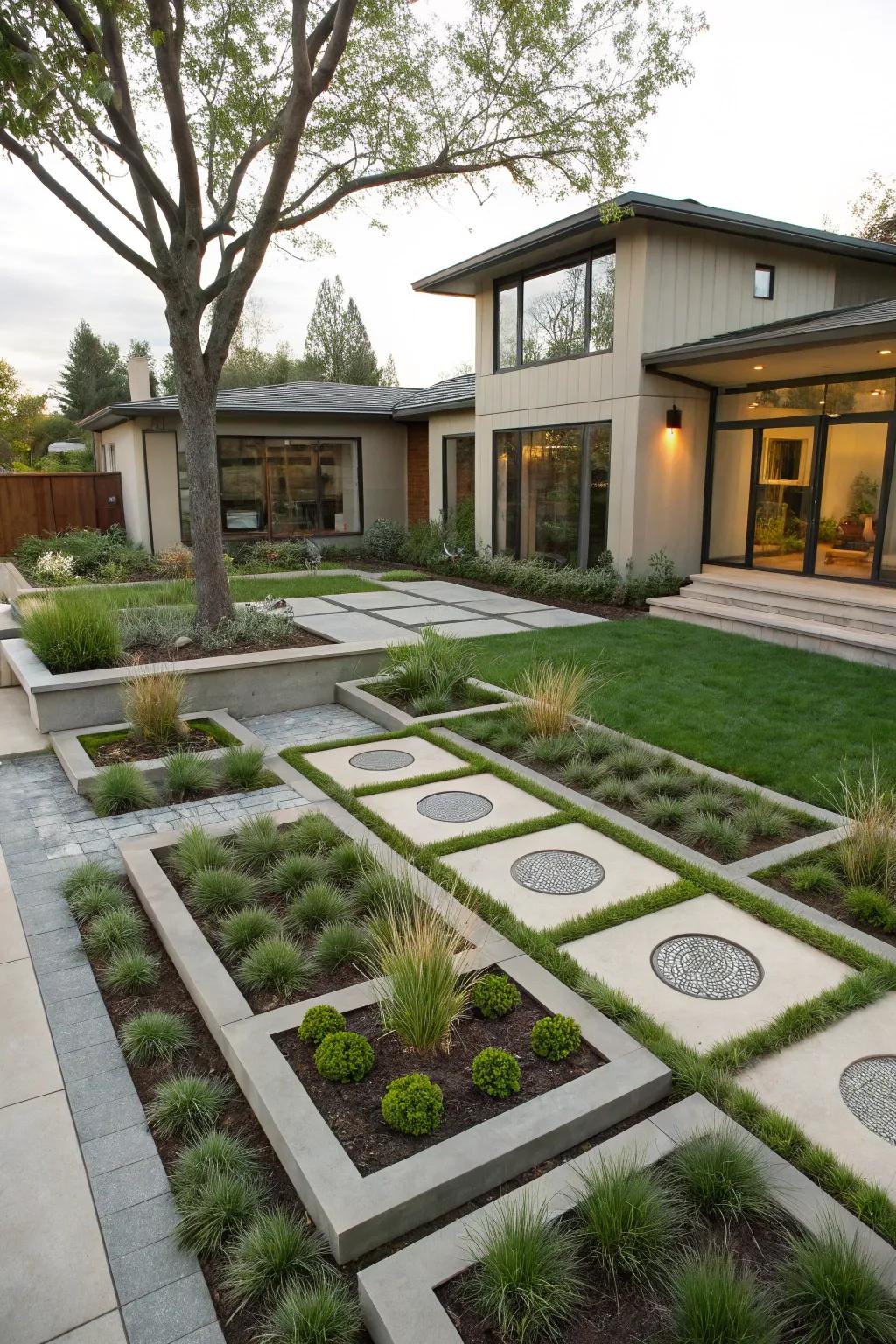 Geometric garden beds create a structured and modern front yard look.