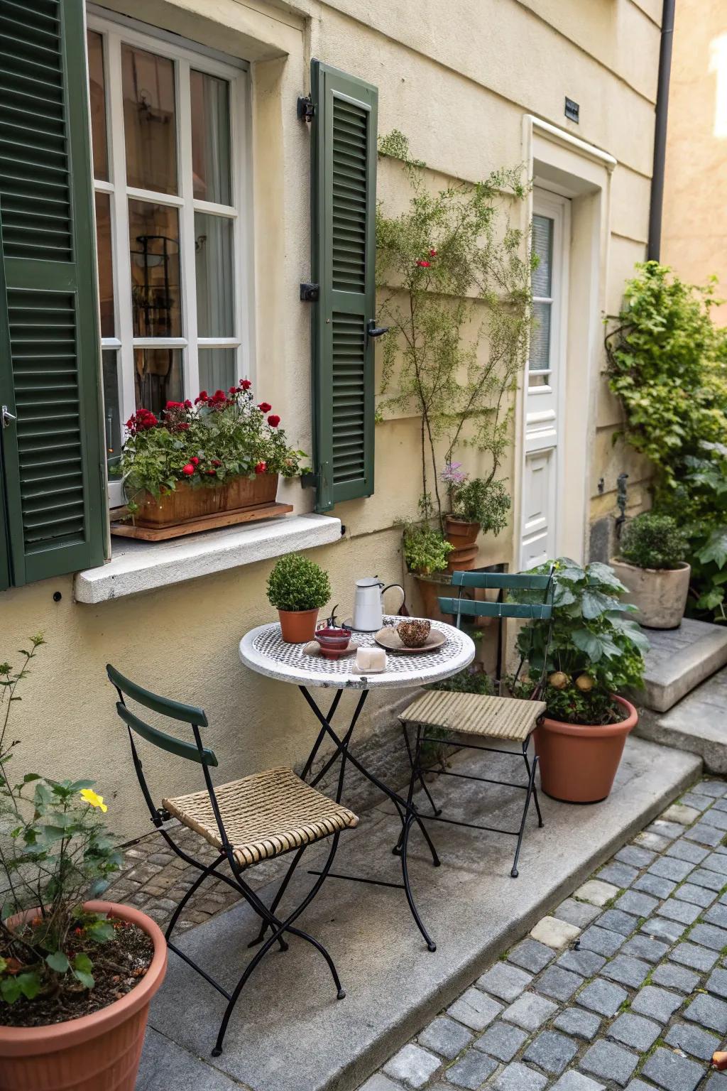 Create a charming bistro nook for intimate front yard moments.