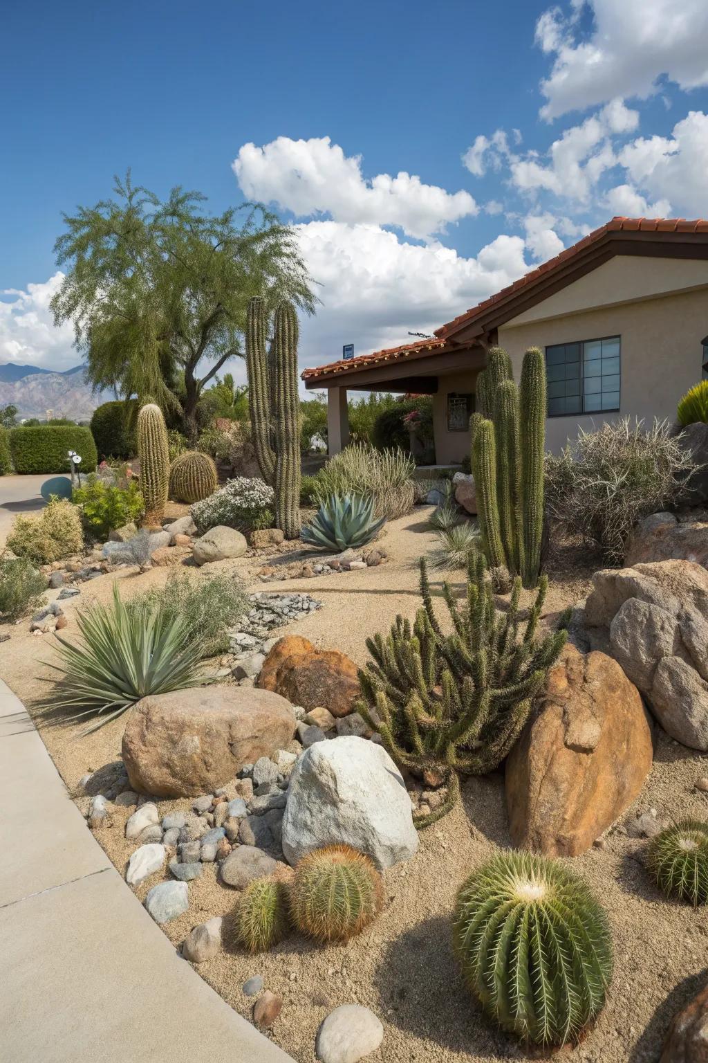 A desert-inspired xeriscape front yard with cacti and succulents as focal points.