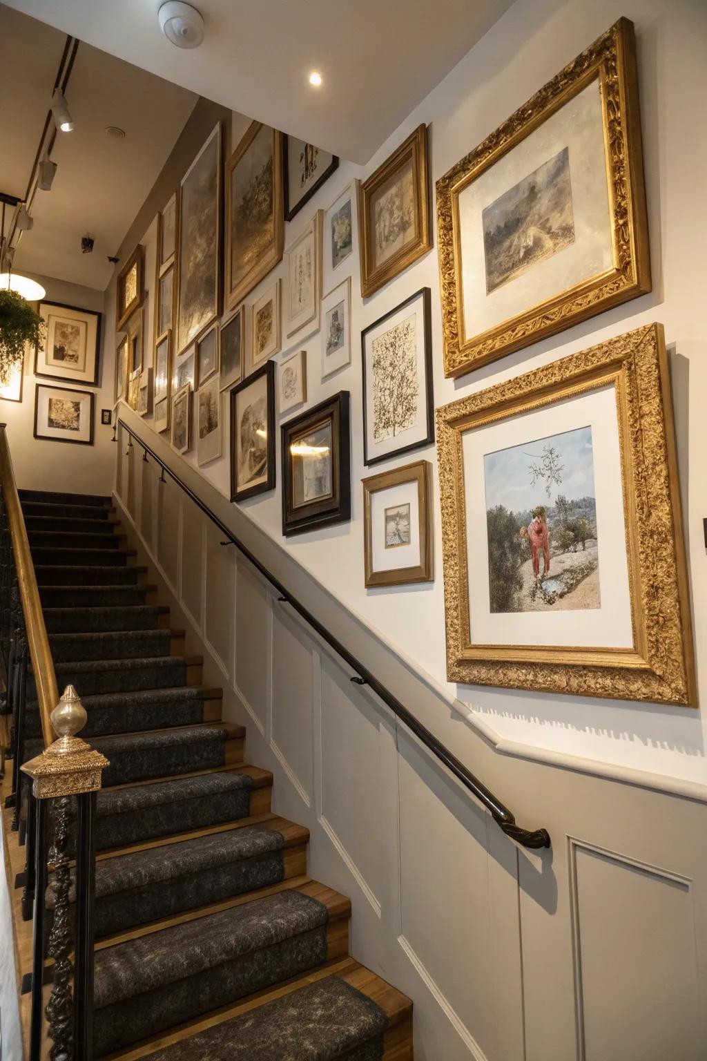 An eclectic mix of frames creates a unique and personalized gallery wall.