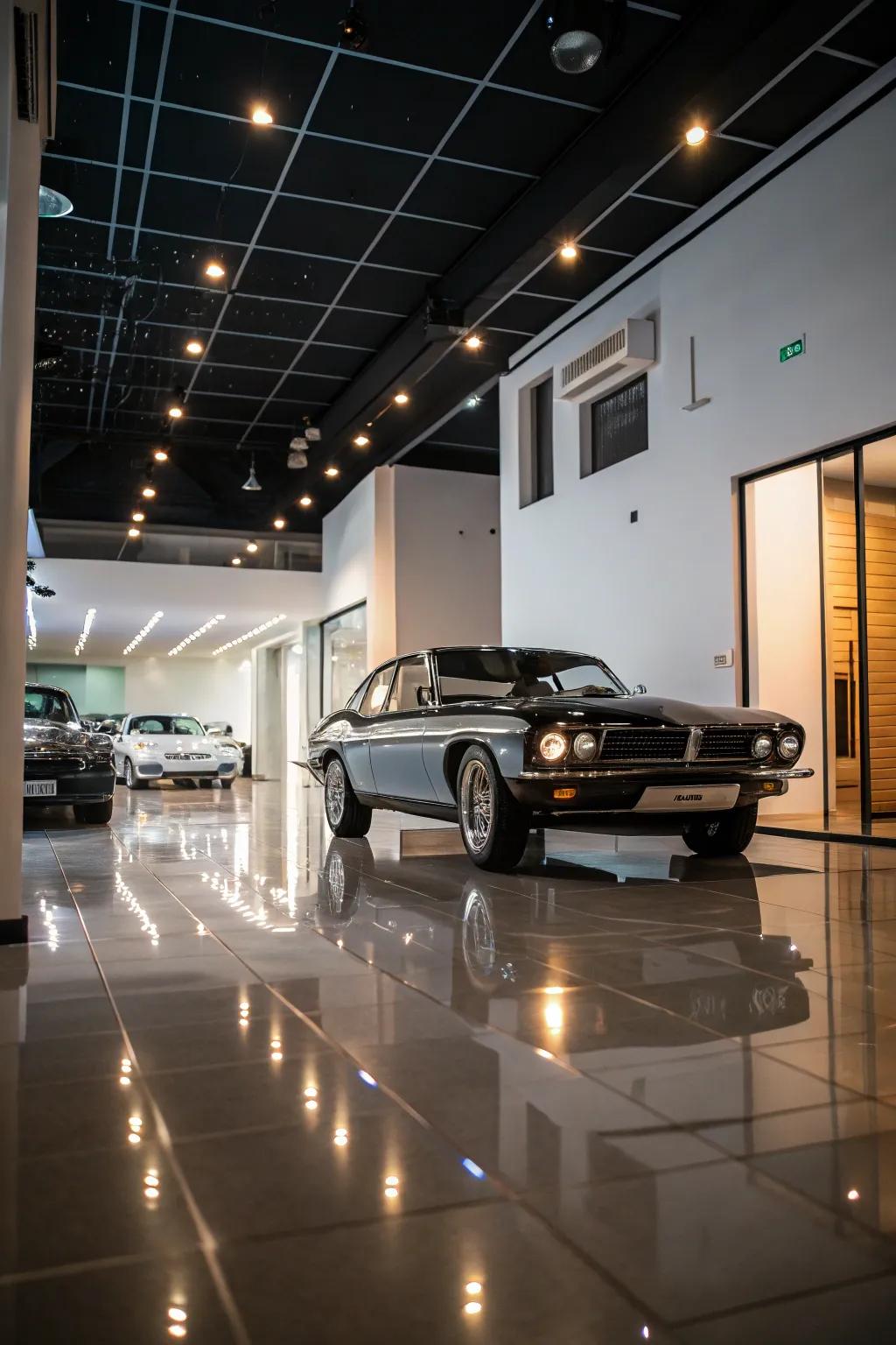 A garage transformed into a stylish showroom for a classic car.