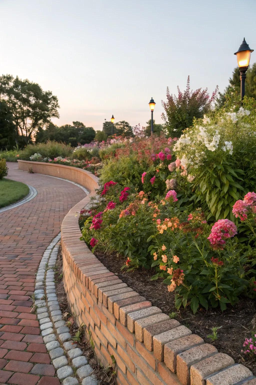 Curved brick edging brings a classic touch to garden pathways.