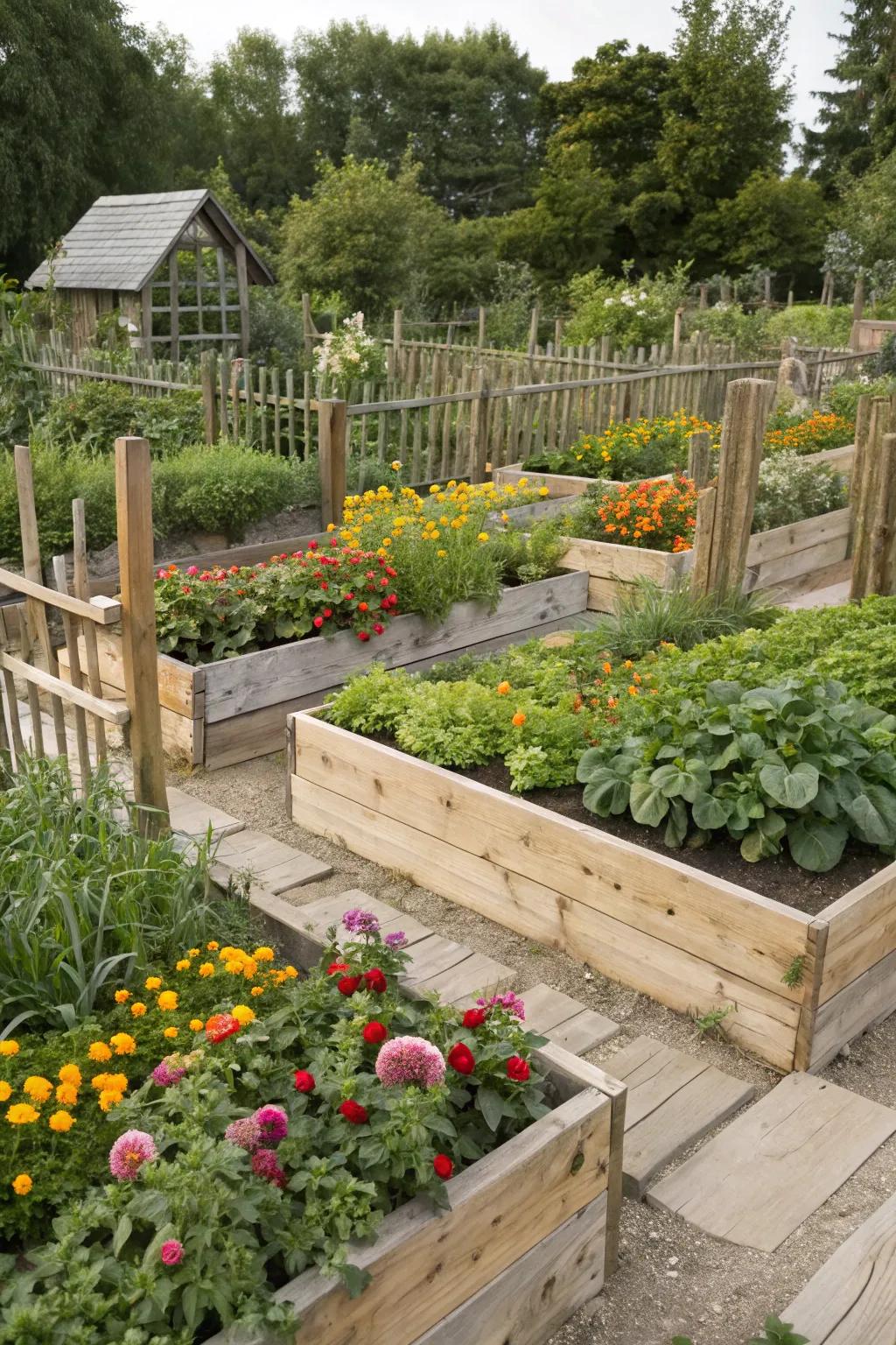 Raised garden beds with integrated fences create a multi-dimensional garden design.