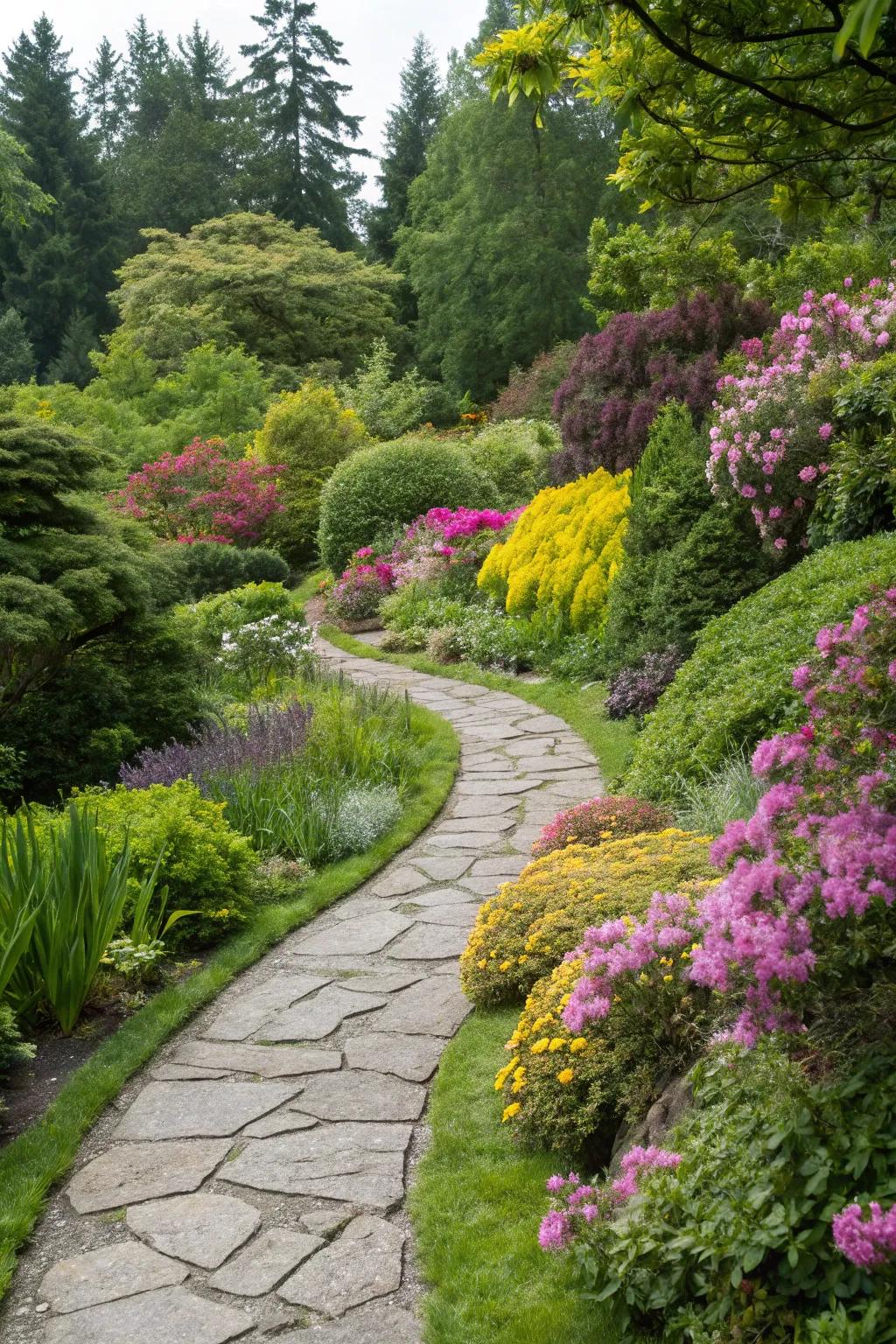 A charming stone pathway meandering through a vibrant garden.