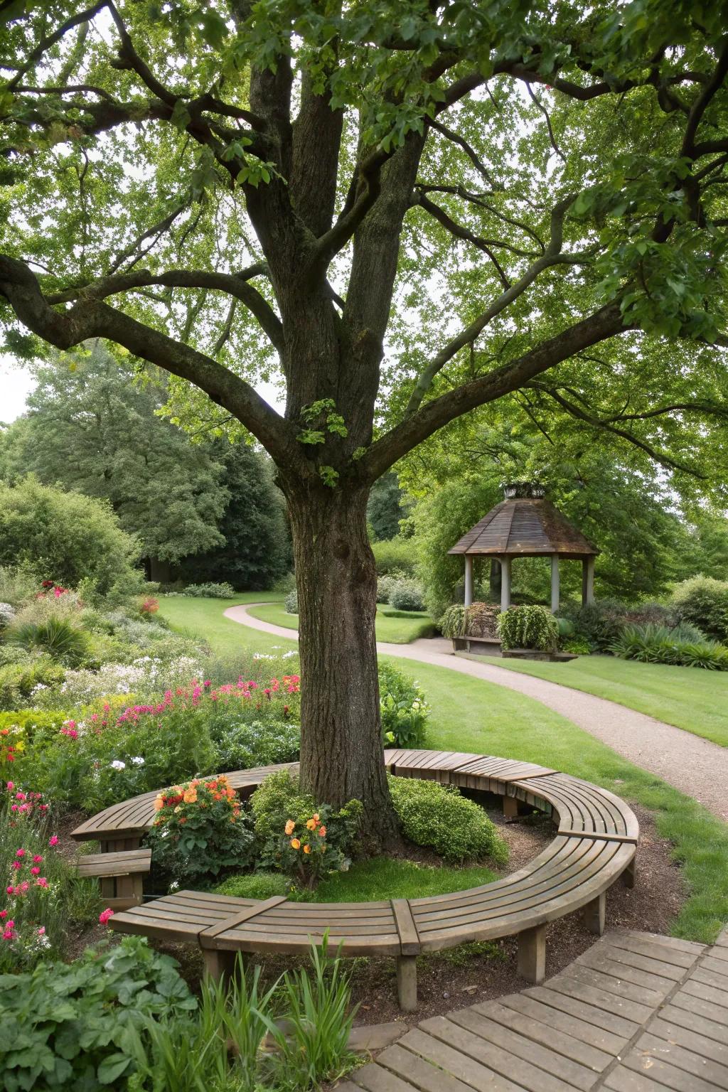 A circular bench around a tree, perfect for relaxing.