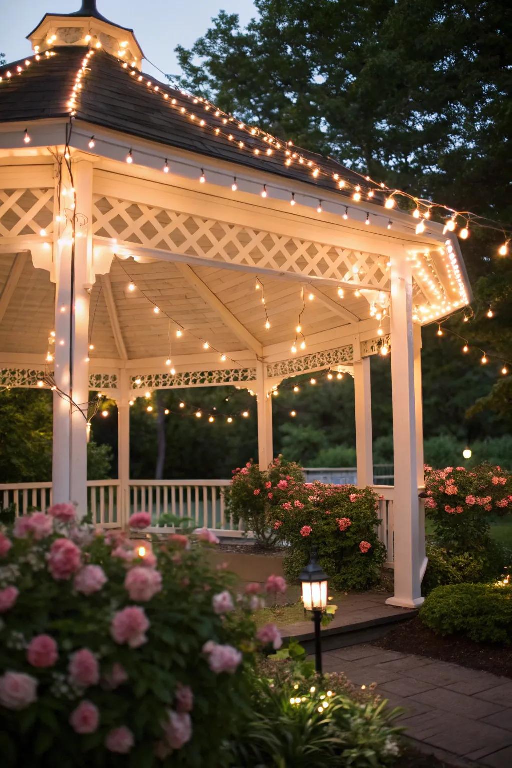 String lights delicately draped across the gazebo create a cozy, inviting ambiance.