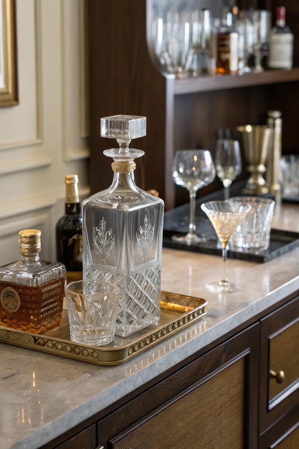 A custom engraved decanter adds a personal touch to any bar.