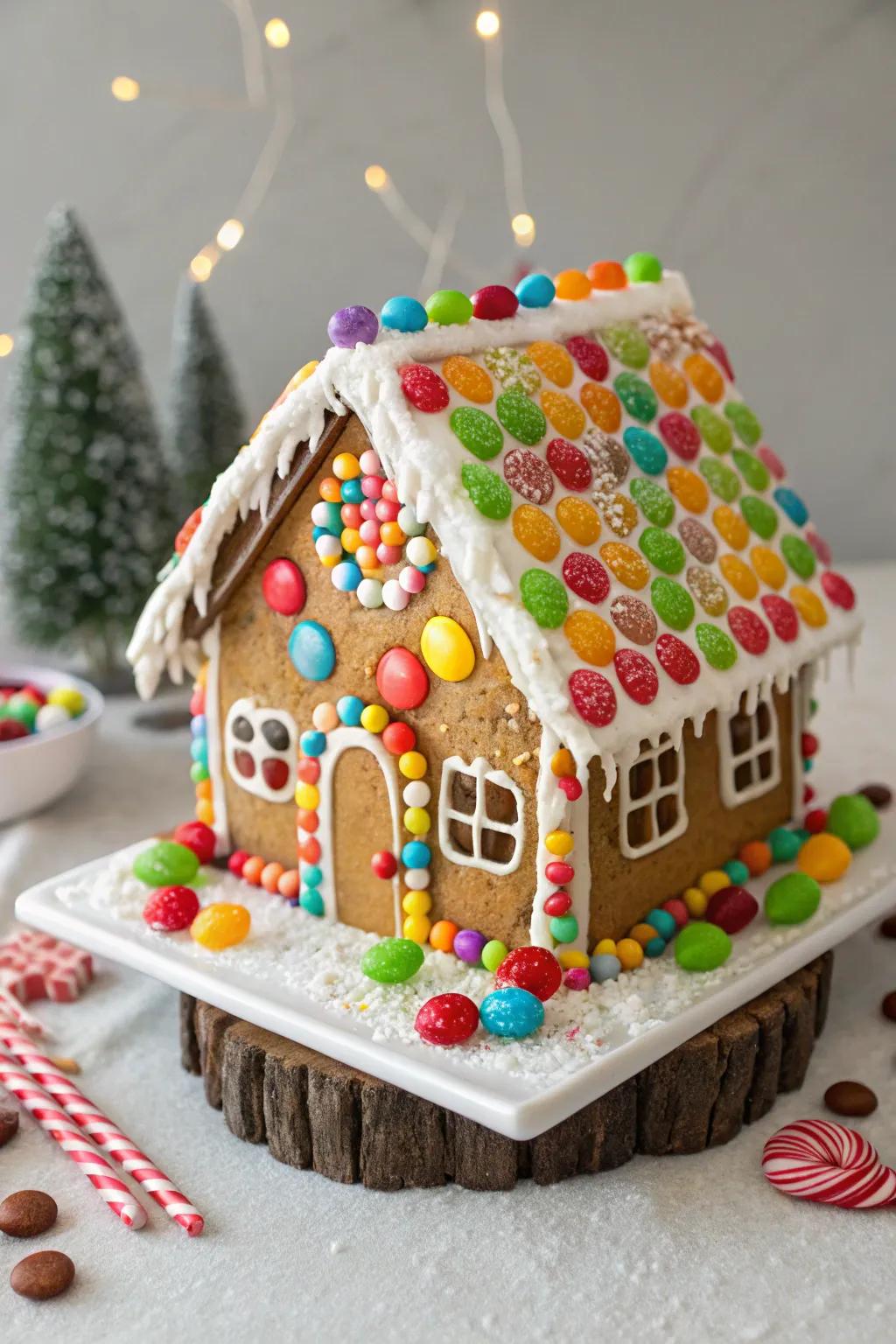 A candy-covered gingerbread house bursting with color.