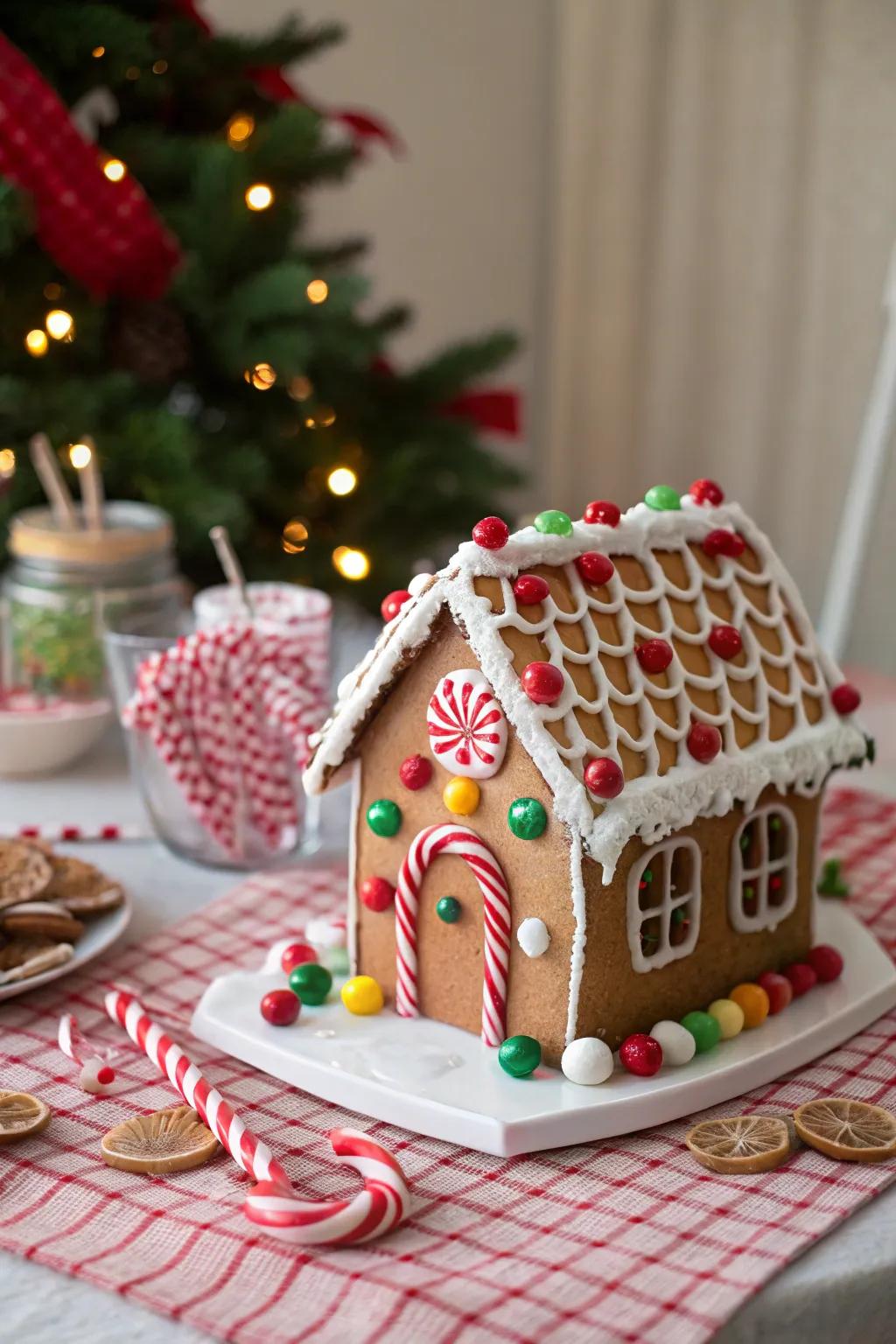 A gingerbread house roof adorned with candy canes.